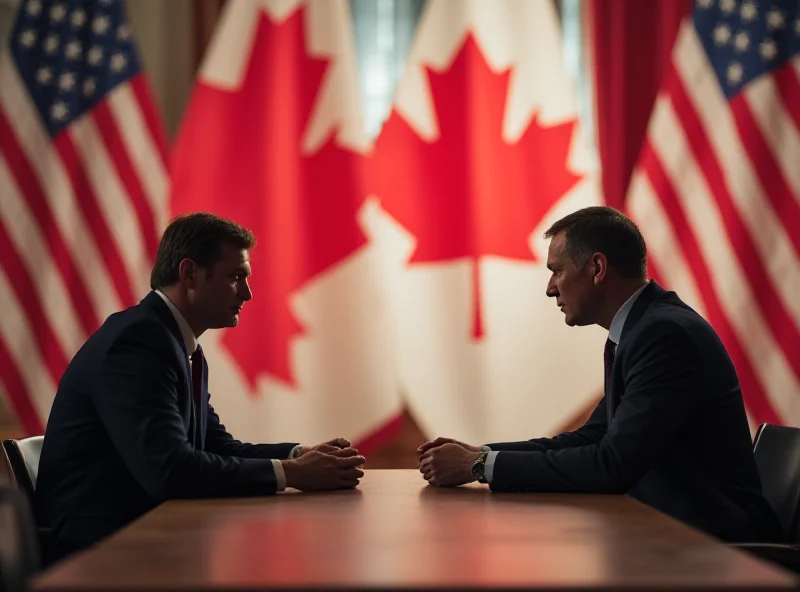 A tense negotiation scene with the Canadian and US flags visible in the background.