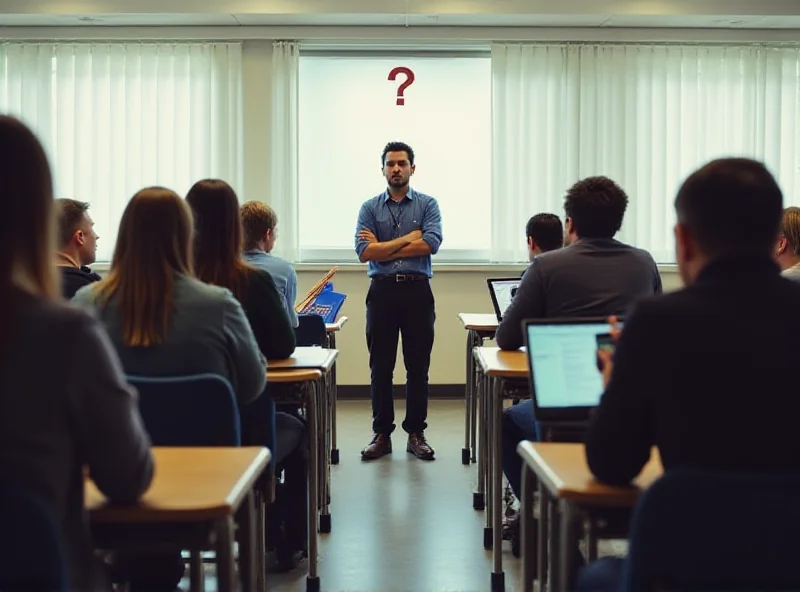 A classroom with students using smartphones, but now with a question mark over their use.