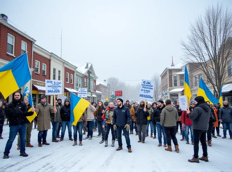 Pro-Ukraine protesters holding signs in a snowy Vermont town.