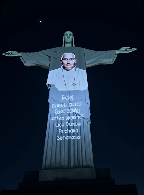 The Christ the Redeemer statue in Rio de Janeiro illuminated with an image of Pope Francis.