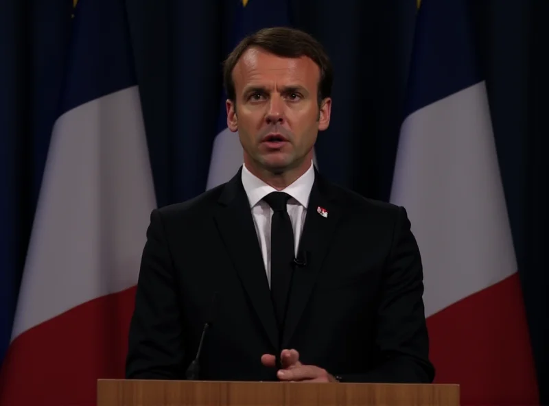 Emmanuel Macron giving a speech in front of a French flag.