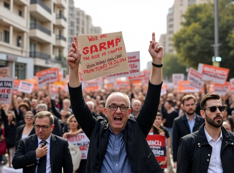 Protesters in Greece holding signs and banners during a demonstration.