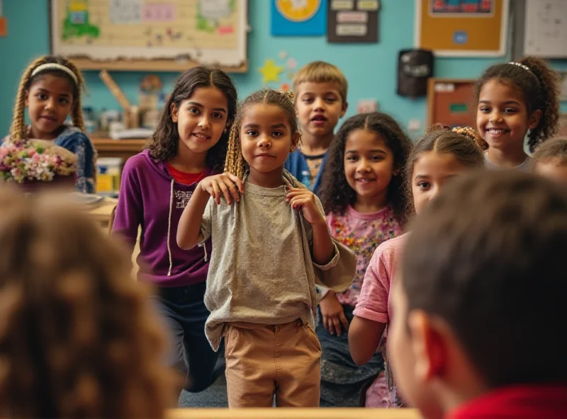 A diverse group of students participating in a drama class, with one student acting out a scene while others observe.