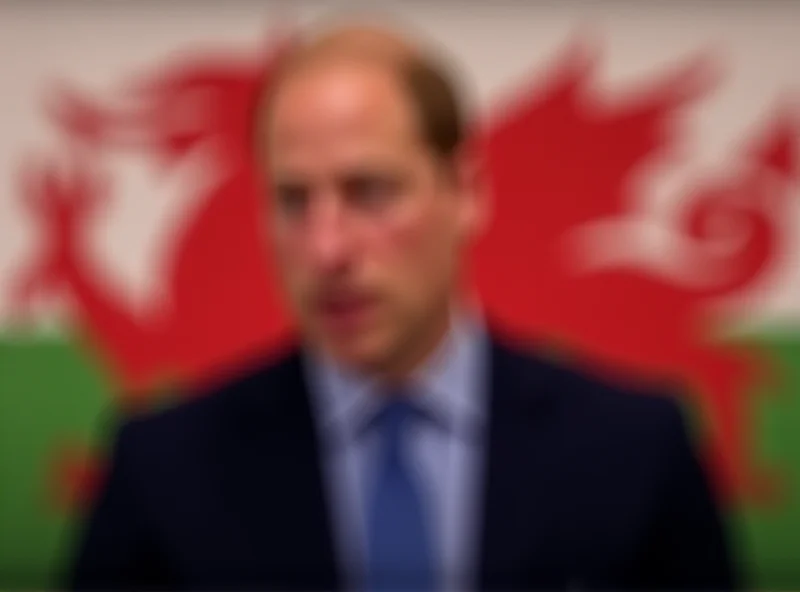 Prince William delivering a speech in Wales with the Welsh flag behind him.