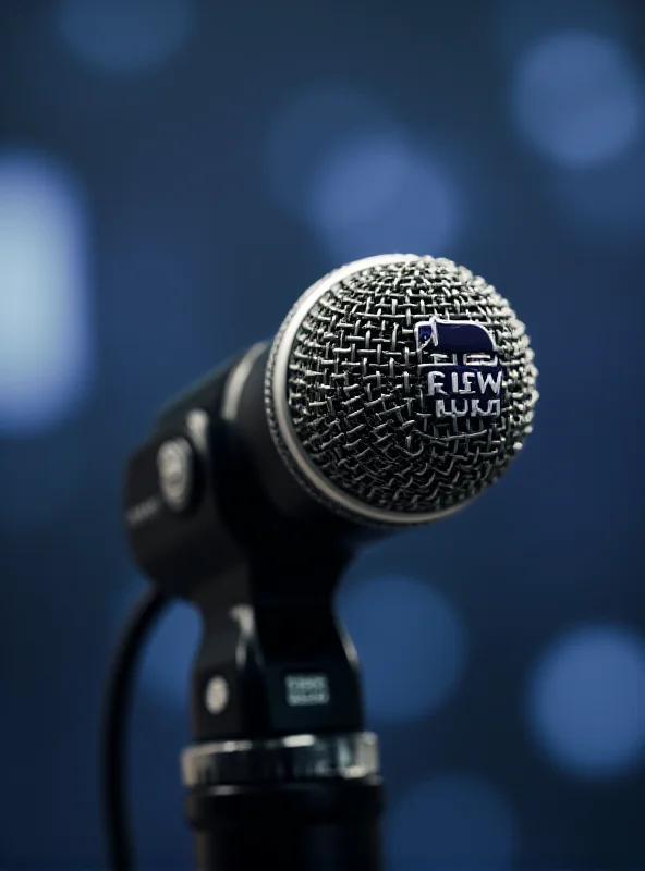 A BBC microphone on a stand in a news studio.