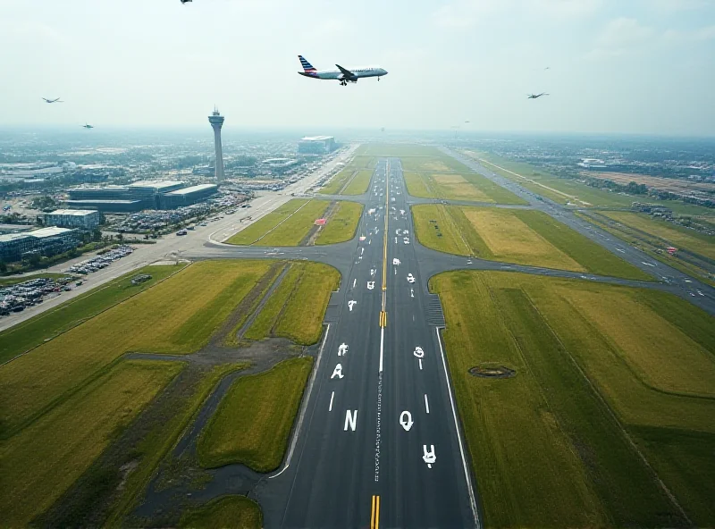 Aerial view of Gatwick airport runway with surrounding fields and buildings.