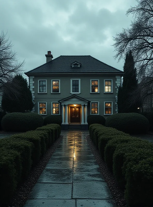 A somber scene depicting the exterior of a care home with a cloudy sky overhead.