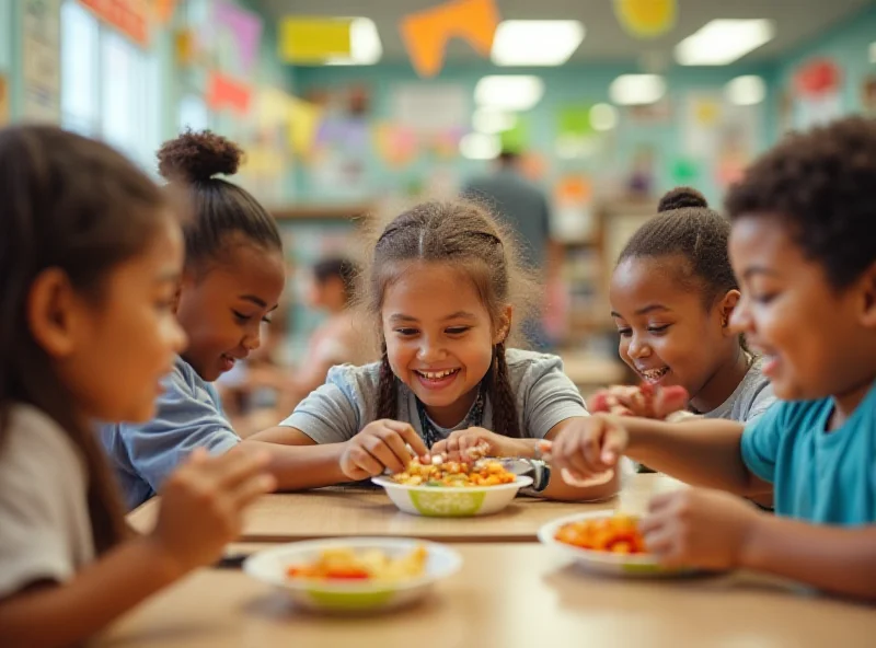 A diverse group of children in a school cafeteria, some eating lunch, others chatting.