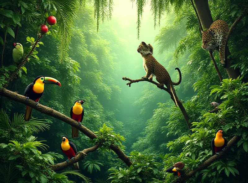 Lush green rainforest with diverse plant life, colorful birds and animals visible.