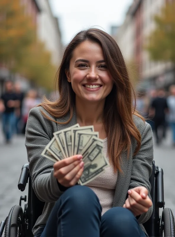 A person in a wheelchair holding cash, looking determined and independent.