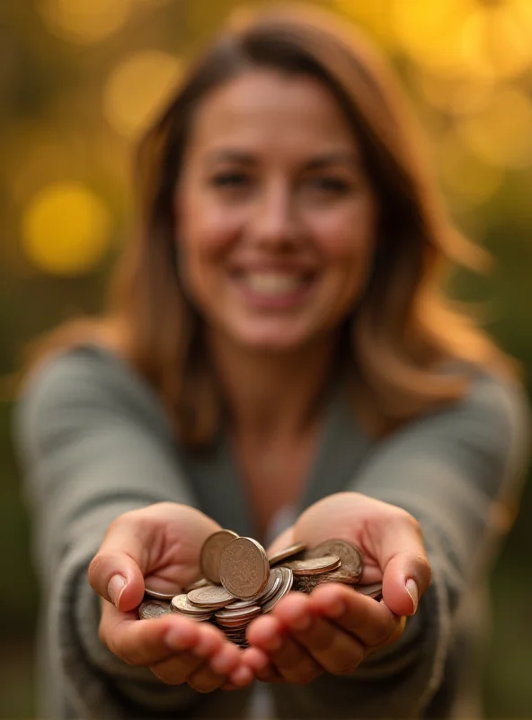 A person smiling and holding a handful of coins, representing financial relief and savings.