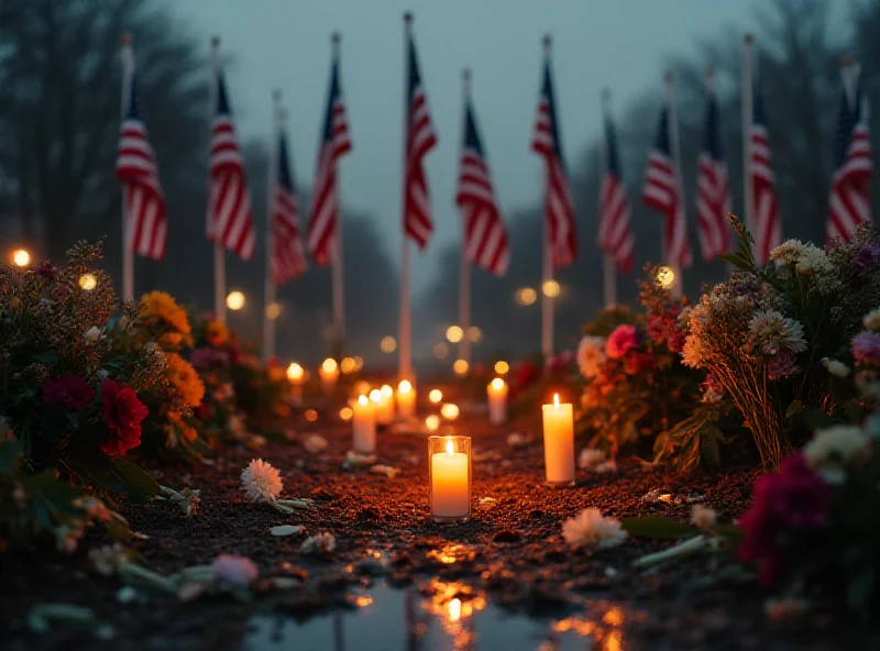 A somber scene depicting a memorial for fallen security forces, with flowers, candles, and flags in the background.