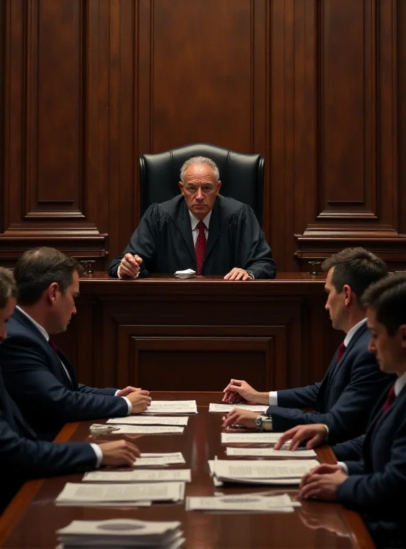 A courtroom scene with a judge and lawyers.