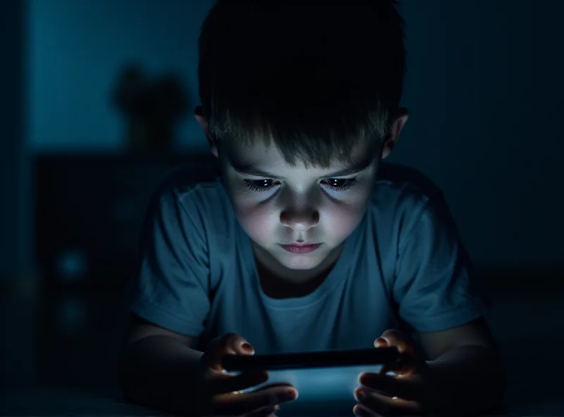 Illustration of a child looking overwhelmed by social media on a phone, dark and moody lighting.