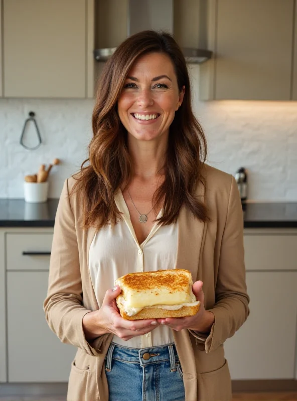 Rachel Reeves smiling confidently while holding a homemade cheese sandwich.