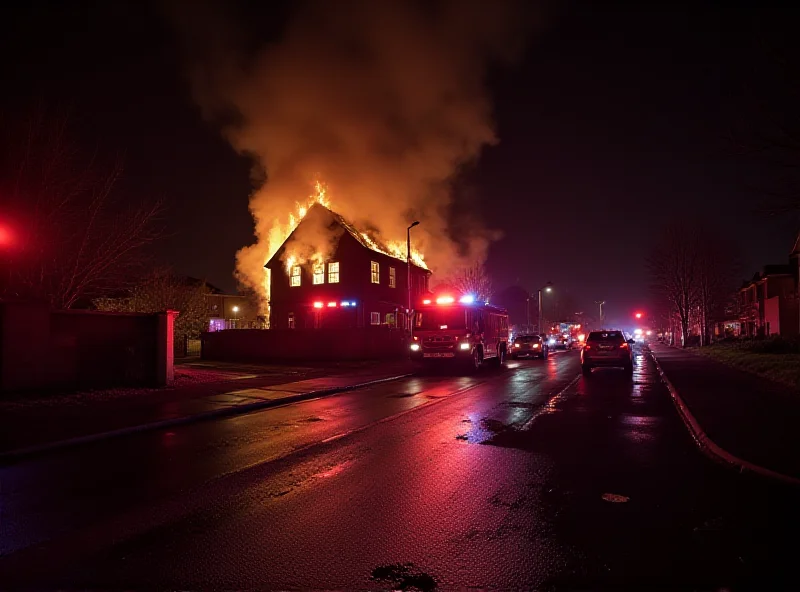 A somber scene depicting a house with fire damage, with emergency services present.