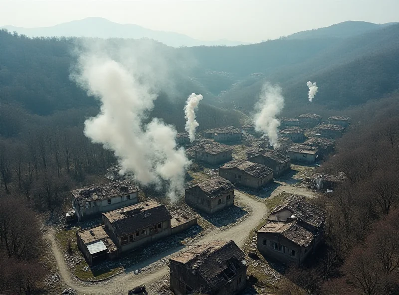 Aerial view of a South Korean village with smoke rising from several points, indicating bomb impacts.