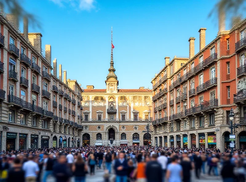 Image depicting the Puerta del Sol in Madrid with a crowd of people and historic buildings.