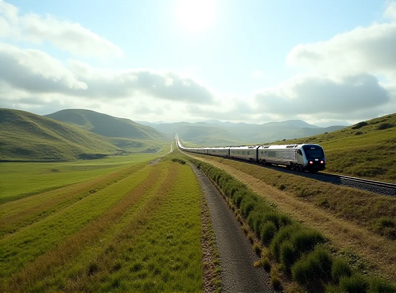 Image depicting an Amtrak train traveling through a scenic landscape in California.