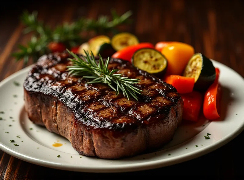 A perfectly grilled New York strip steak on a plate with a side of roasted vegetables.