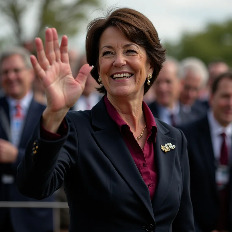 Maura Healey smiling and waving to a crowd of people.