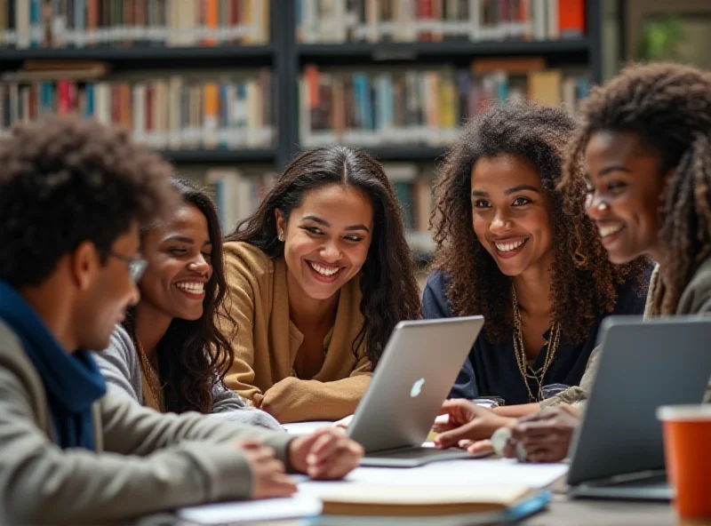 A group of diverse students smiling and studying together at a university library.