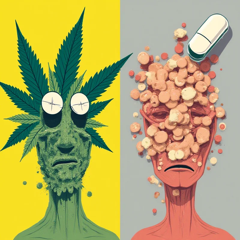 A stylized graphic comparing the perception of cannabis versus prescription drugs like antidepressants, with cannabis depicted negatively and antidepressants shown neutrally.