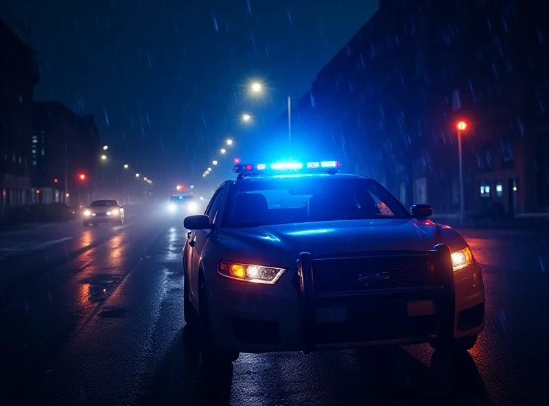 A police car with flashing lights at a crime scene at night