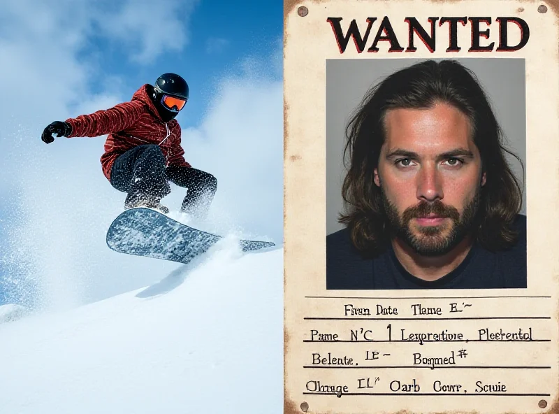 A split image showing a snowboarder in action on one side and a wanted poster with the same person's face on the other side.