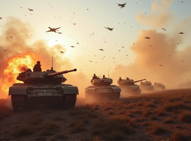 A dynamic scene depicting live-fire military exercises between US and South Korean forces, showcasing tanks firing, soldiers in action, and fighter jets flying overhead, emphasizing the scale and intensity of the drills.