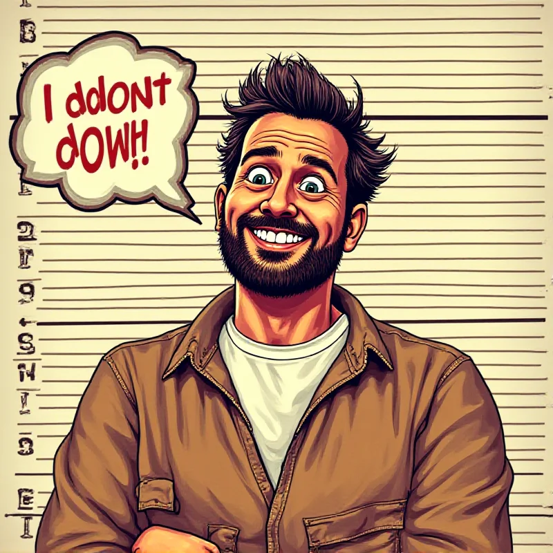 A humorous depiction of a 'Florida Man' character, wearing a casual outfit and a mischievous grin, standing next to a police lineup with a speech bubble saying 'I didn't do it!', highlighting the comical and absurd nature of the 'Florida Man' stereotype.