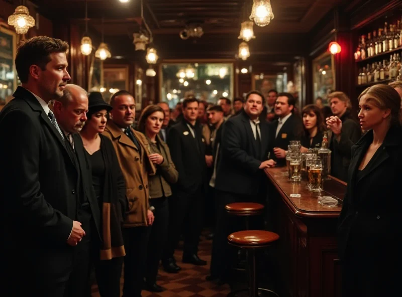 A diverse group of people standing in line at a traditional British pub, waiting to order drinks. The atmosphere is slightly confused and humorous.