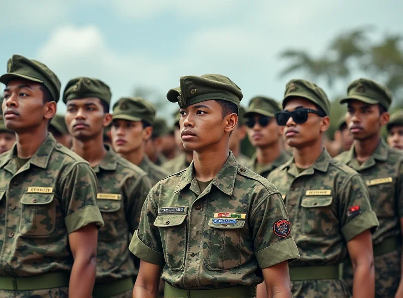 Diverse group of young adults in military uniforms standing in formation during national service training.