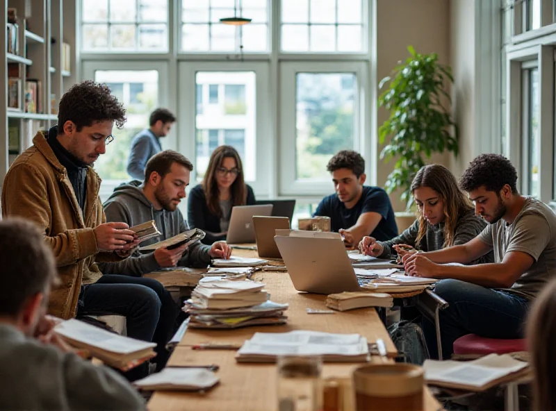 A diverse group of students studying in a modern library setting with books and laptops.