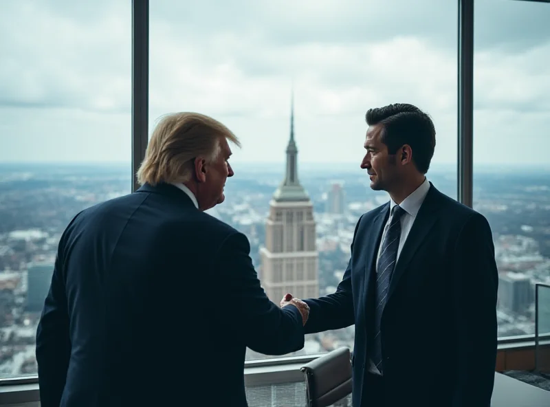 Donald Trump shaking hands with a business executive in a modern office setting