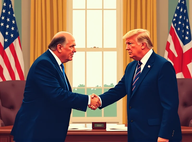 Illustration of a meeting between two leaders in the Oval Office, handshake, flags in background.