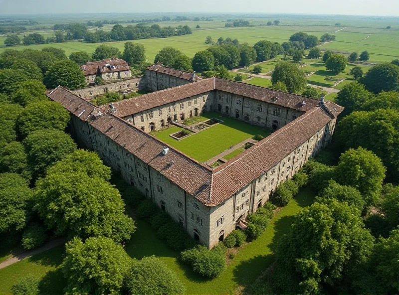 A high-angle shot of a historic prison with a perimeter wall, surrounded by green fields and trees. The prison buildings are made of stone and brick, with visible architectural details.