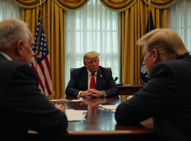 A wide shot of the Oval Office, showing two leaders seated across from each other at the President's desk. The atmosphere is tense, with both leaders appearing serious and engaged.