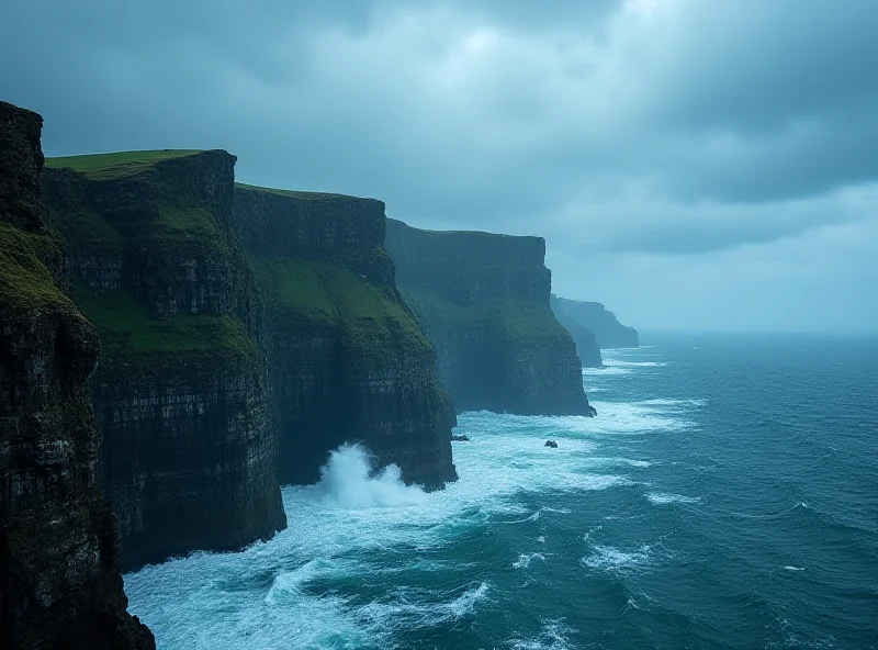 A dramatic landscape view of Sliabh Liag cliffs in County Donegal, Ireland, on a stormy day, emphasizing the height and danger of the cliffs.