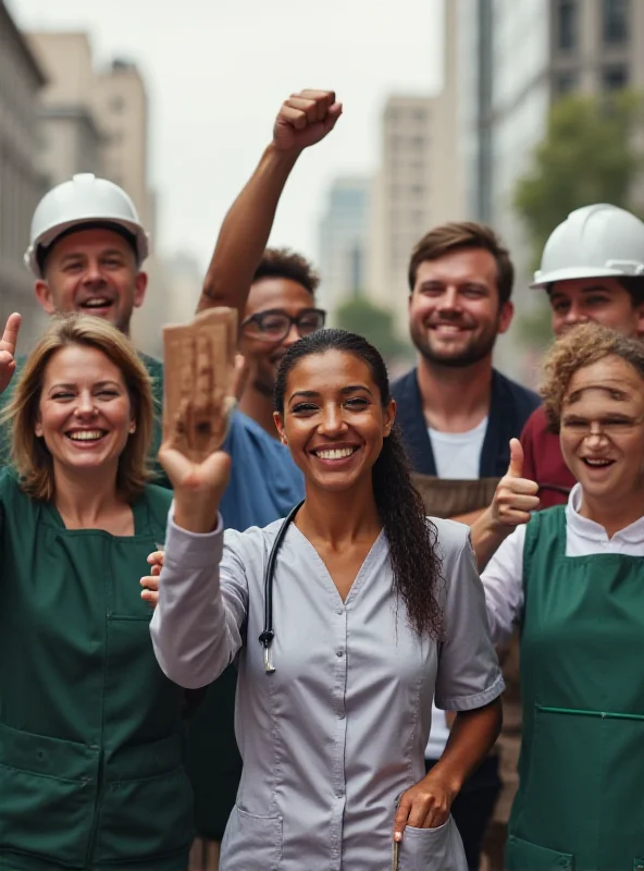 A diverse group of essential workers are smiling and raising their fists in solidarity.