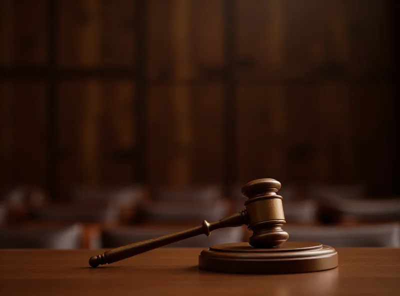 A gavel is set on a wooden desk in a courtroom.