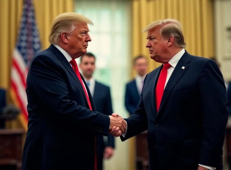 Donald Trump and Volodymyr Zelensky in the Oval Office, shaking hands.