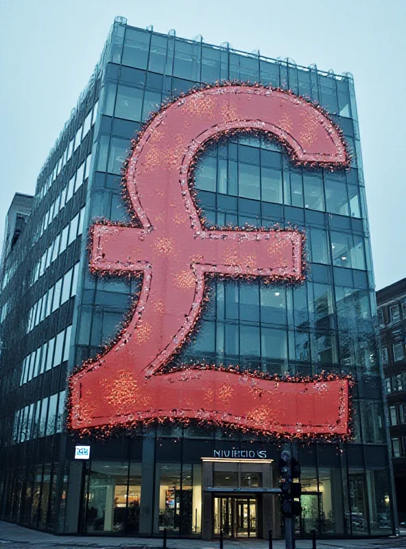 Image of the BBC headquarters in London, with a subtle overlay of pound sterling symbols.