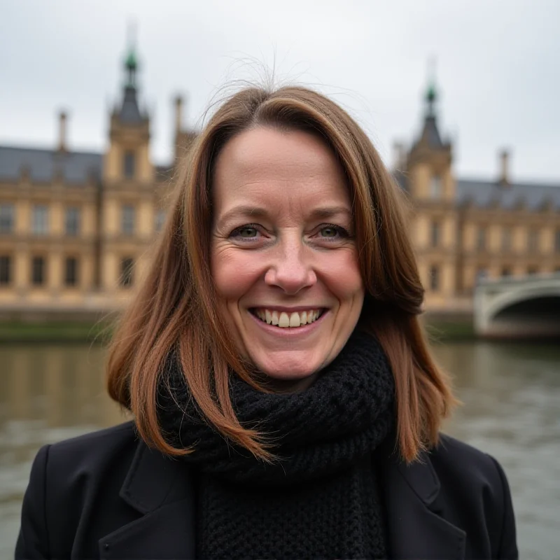 Portrait of Mhairi Black, smiling gently, against a blurred background of the Houses of Parliament.