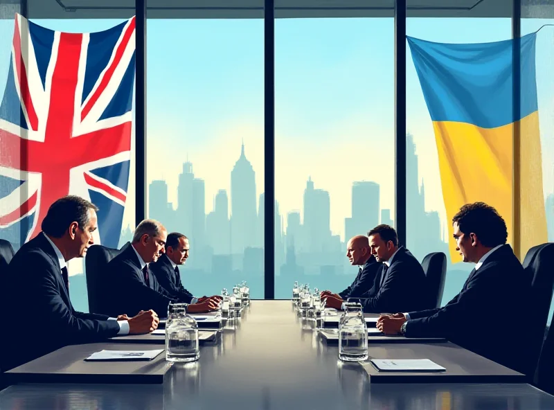 Illustration of a summit meeting with flags of the UK and Ukraine in the background.