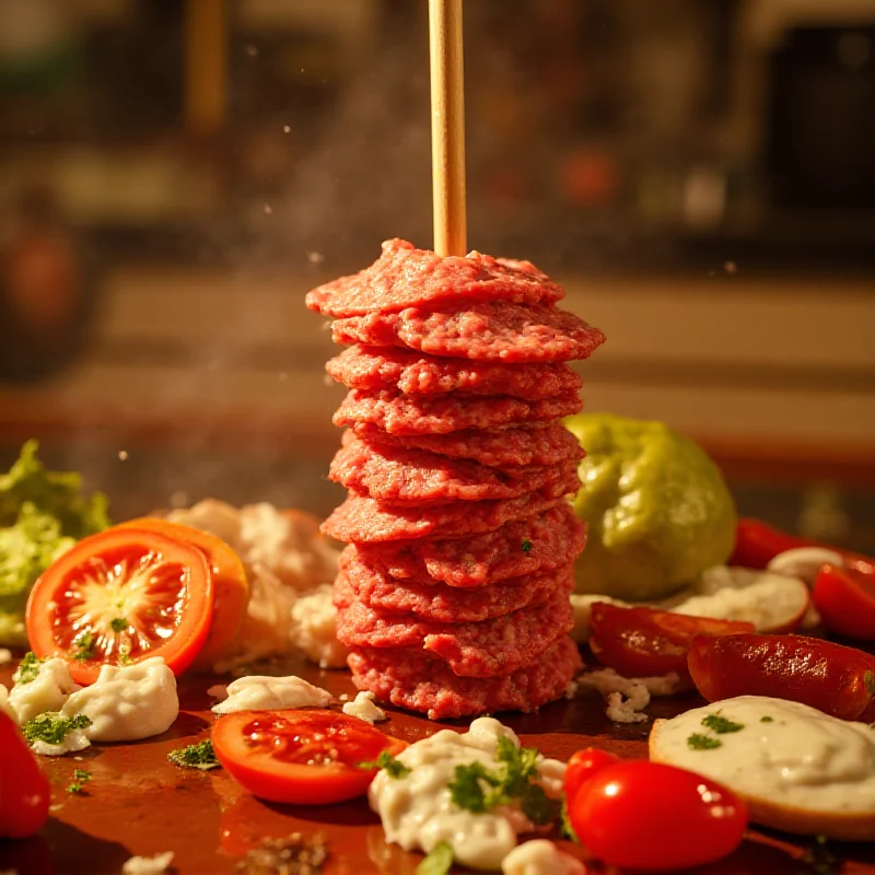 A close-up image of a doner kebab being prepared, with various vegetables and sauces surrounding it.