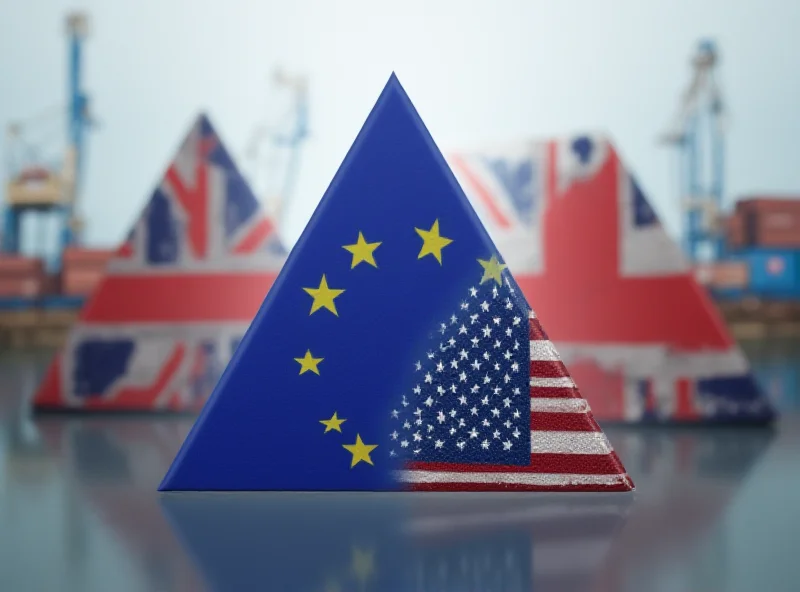 The flags of the UK, EU, and US arranged in a triangle, symbolizing the UK's trade dilemma