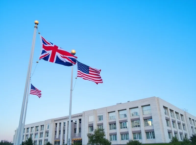 United Kingdom and United States Flags waving in front of the Pentagon