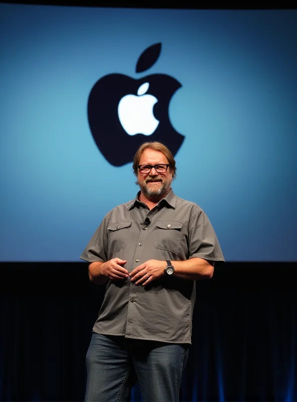 Steve Wozniak speaking at a conference with the Apple logo in the background