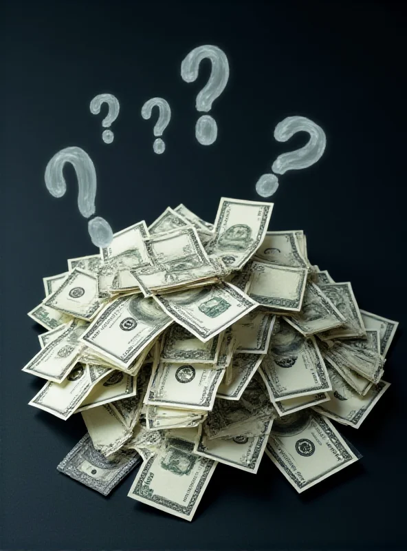 A pile of money with question marks hovering above it